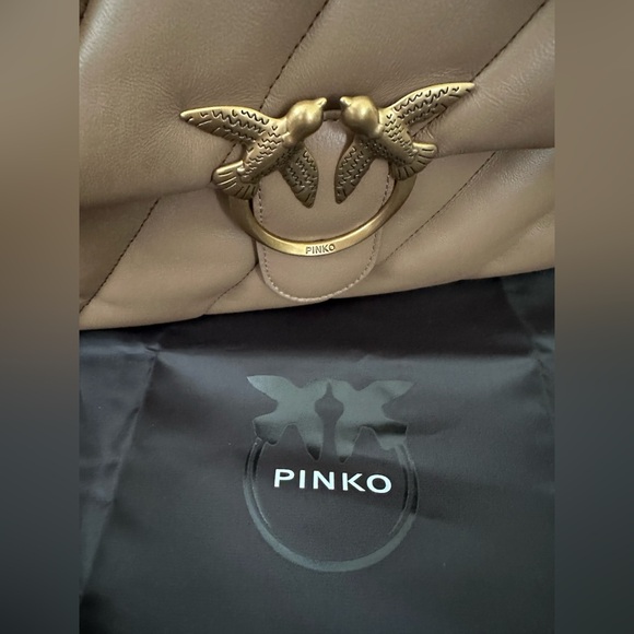 New Pinko Large Puff Leather Shoulder Bag In Taupe - Picture 8 of 14